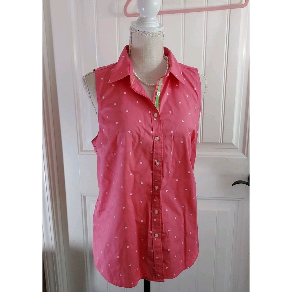 Rafaella Weekend Preppy Pink Polka Dot Sleeveless Collared Top L Summer Coastal